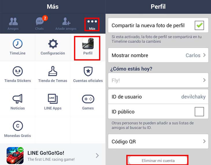 Eliminar cuenta de Line