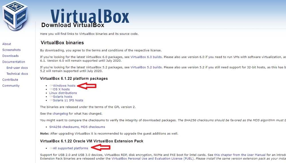 descargar virtualbox y extension package